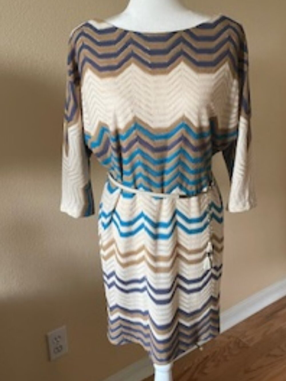 Phoebe Couture Belted Blue/Tan/Cream Dress - Size 6